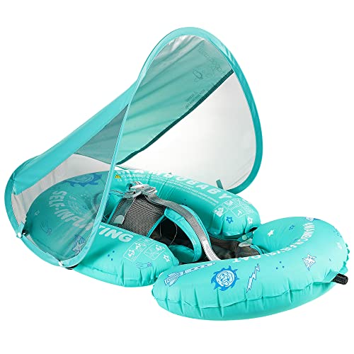 Mambobaby Baby Float Self-Inflating Baby Pool Float, AnjeeIOT Compressible Pool Swim Float Infant Soft Solid Swimming Trainer, Baby Float with Removable UPF 50+ UV Sun Protection Canopy
