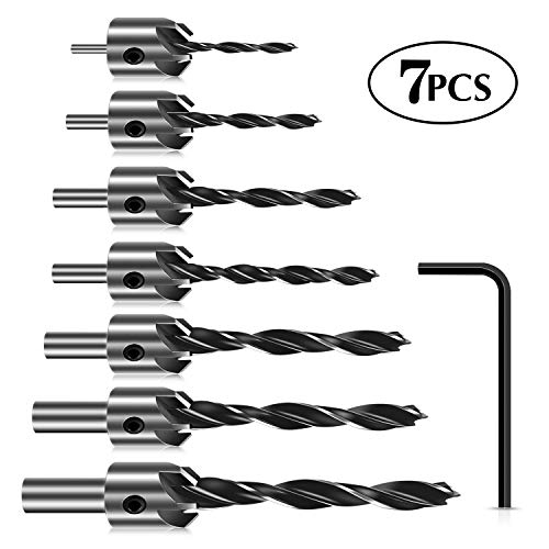 7PCS Countersink Drill Bit Set with Hex Key,ZINMOND Woodworking Chamfer Adjustable High Speed Steel Carbon Titanium Carpentry Reamer Plated for Wood DIY (3mm-10mm)