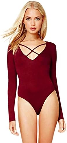 EKIMI Women's Fashion Sexy Long Sleeve Stretch Shorts Bodysuit Jumpsuit (L)