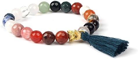 Shinus?Women Mala Beads Chakra Boho Bracelets Semi-Precious Multichrome Tassel Statement Handmade Healing Friendship Jewelry Gifts