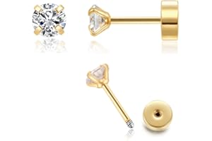 Renkovte Flat Screw Back CZ Stud Earrings,Small Flat Back Cubic Zirconia Stud Earrings for Helix Cartilage Tragus Earlobe Piercing for Women,2mm CZ 3mm CZ 4mm CZ Gold Color
