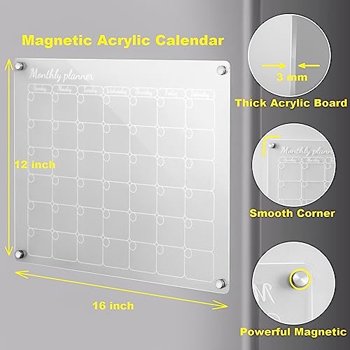 ACRYLIC MAGNETIC CALENDAR 2 PCS, 16″X12″ MONTHLY CALENDAR & WEEKLY CALENDAR WHITEBOARD, DRY ERASE BOARD FOR FRIDGE, REUSABLE PORTABLE PLANNER WITH 8 MARKERS AND 1 ERASER (WHITE)