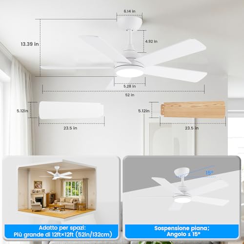 AUTODAY Ceiling Fan with Led Light, 24W Dimmable, Silent DC Motor 35W, 132Cm, Plywood Blades, Memory Remote Control, 6 Speed, White