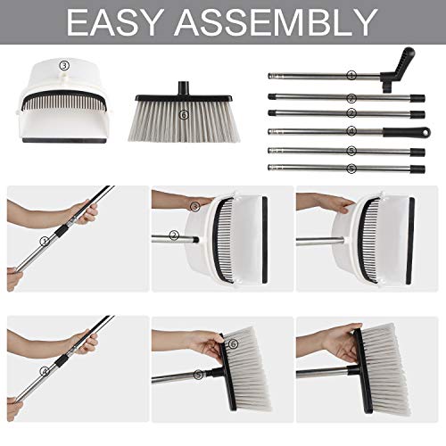 Broom and Dustpan [2019 Version] Tiumso Dust pan Broom Set with Upgrade Combo and Sturdiest Extendable Long Handle,4 Layers Bristles,Upright Standing for Home, Office, Kitchen, Lobby (White) - Thumbnail 6