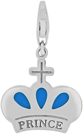 14k Gold White Rhodium, Prince Crown Pendant Charm Blue Enamel Resin Accents
