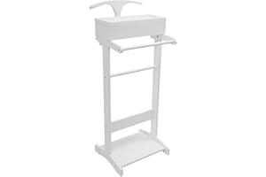 Blisiour Valet Stand with Drawer and Top Tray, Wood Mens Suit Valet Stand with Wood Base, Freestanding Clothes Valet Stand with Hanger, Storage Organizer for Entryway Office Living Room (D, White)