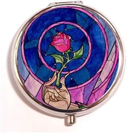 amuseds Beauty and The Beast Stained Glass Rose Fashion Custom Round Pill Box Case Medicine Vitamin Organizer as a Nice Gift