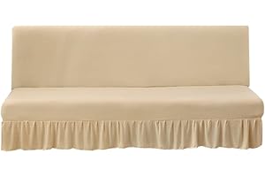 ANWUCHEN Futon Cover-Stretch Armless Futon Covers Full Size With Skirt Ruffled Futon Sofa Cover Washable Folding Sofa Bed Cover Soft Futon Couch Cover Slipcover With Elastic Bottom For Kids,Pets(Beige)