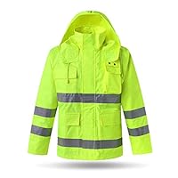 XIAKE High Visibility Rain Jacket with Reflective Strips, Zipper Front, Lightweight, Detachable Hood, for Wind Rain Construction, Neon Yellow(X-Large)