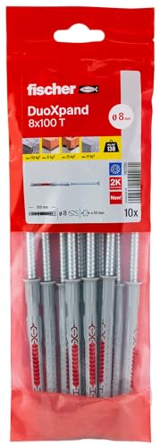 fischer DuoXpand 8 x 100 T, Universal Expansion Dowel with Galvanised Countersunk Screw (Pack of 10), Nylon & Flexible Material, Red, Ideal for Porous Building Materials & Close to Edge Anchors