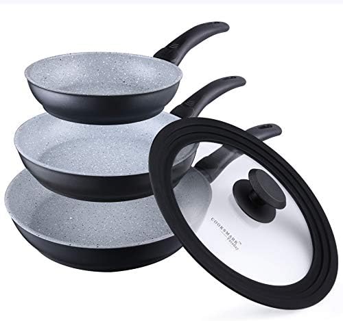 Cooksmark Faraday Induction Compatible Dishwasher Safe With Universal Silicone & Glass Lid Granite Nonstick Coating Aluminum Frying Pan set, Cookware Set, 3 piece (8-Inch, 10-Inch, 11-Inch)