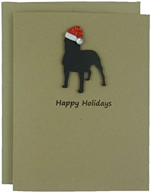 American Bully | Pit Bull Christmas Cards 10 Pack | Handmade Black Dog Holiday Notecards with Santa Hat