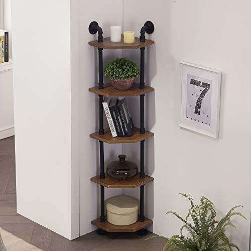 ivinta Industrial Bookcase Corner Shelf, 5 Shelf Wall Mount Pipe