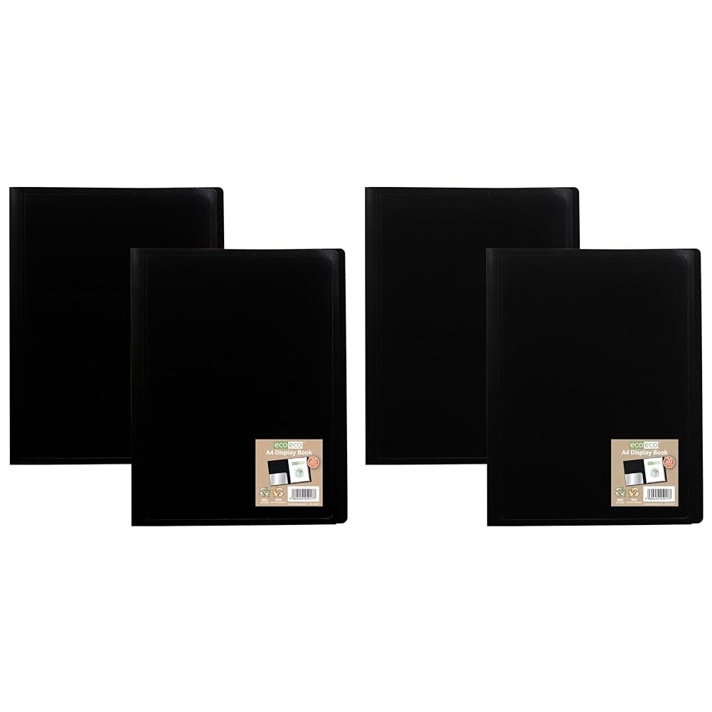 eco-eco A4 100% Recycled 20 Pocket Black Flexible Cover Portfolio Book Folder Display Book, eco017x2 (Pack of 2)