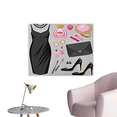 Anzhutwelve Heels and Dresses Photo Wall Paper Black Smart Cocktail Dress Perfume Make Up Clutch Bag Poster Paper Black Pale Pink Pale Brown W48 xL32