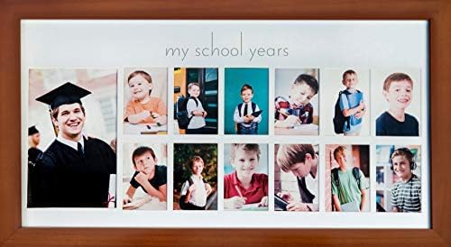 Green Pollywog School Years Picture Day Collage Frame in Elegant Brown Natural Wood, Photos from Kindergarten to Graduation