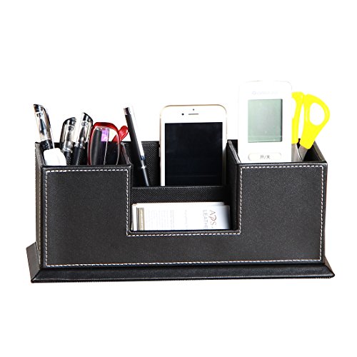 PU Leather Multi-function Desk Stationery Organizer Storage Box Pen Pencil Holder Business Cards Stand Mobile Phone/Remote Control Holder Office Supplies Holder Collection Desktop Organizer(Black) - Thumbnail 3