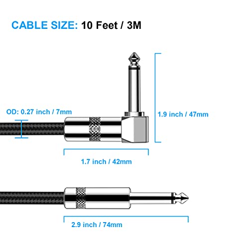 Cable de Guitarra, Cavo Audio Professionale, Adaptador de Audio Estéreo Balanceado Cable Trenzado de Nailon,Cable Amplificador de Bajo para Guitarra Eléctrica, Bajo, Mandolina Eléctrica (Ángulo, 3M)