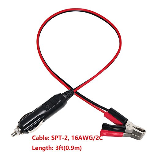 KUNCAN 12Volt 3FT Automotive Sturdy Alligator Clamp Booster Jumper Battery Charge Cable with Cigarette Lighter Male Plug, Electrical Clip-on 16 AWG Heavy Duty Extension Cord, Fuse 10A