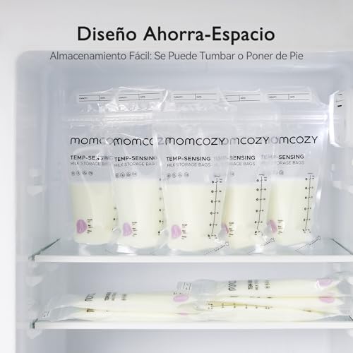 Momcozy Bolsas para Leche Materna, Bolsas con Indicador de Temperatura para Lactancia, Bolsa Desechable Autoportante 6 oz, Bolsas para Congelar con Cierre Seguro, 50 pzas