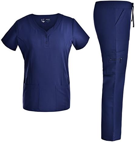 Stretch Scrubs set Modern Fit ¨C Pandamed Nursing Women Scrubs with Buttons TRS3107 (NAVY, XL)