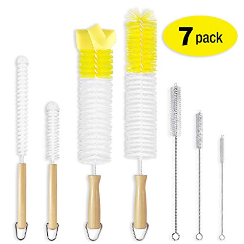 Bottle Brush Cleaner 7 Pack - Stiff Long Water Bottle and Straw Cleaning Brush - Bottle Brushes with Wooden Handle for Wine Decanter, Baby, Kombucha, Pipes, Hydro Flask Tumbler, Sinks, Blender Bottles