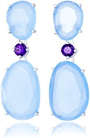 Solid Gold Drop Earrings of Sky Blue Chalcedony with Brilliant Cut Purple Amethyst Set in 14K White Gold