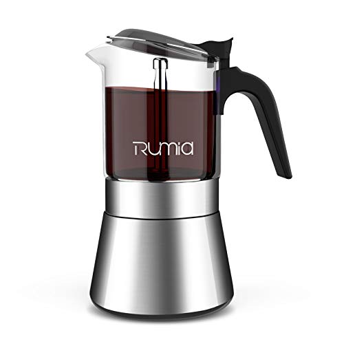 Rumia Moka Pot Stovetop Espresso Maker, Crystal Glass & Stainless Steel