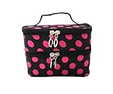 DRQ Fashion Dots Pattern Double Layer Closure Cosmetic Bag Make up Bags Great for Home or Professinal Use + Mirror (Black+Rosy Dot)