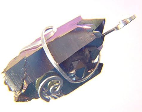 Sterling Silver Hammered Wire Wrapped Titanium Flame Aura Fume Quartz Crystal Pendant with SP Chain Necklace 2447P h