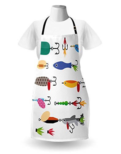 Lunarable-Fishing-Apron-by-Elements-of-Fishing-Line-with-Stringer-Net-Bite-Indicators-Worms-Waders-Hunt-Image-Unisex-Kitchen-Bib-Apron-with-Adjustable-Neck-for-Cooking-Baking-Gardening-Multicolor
