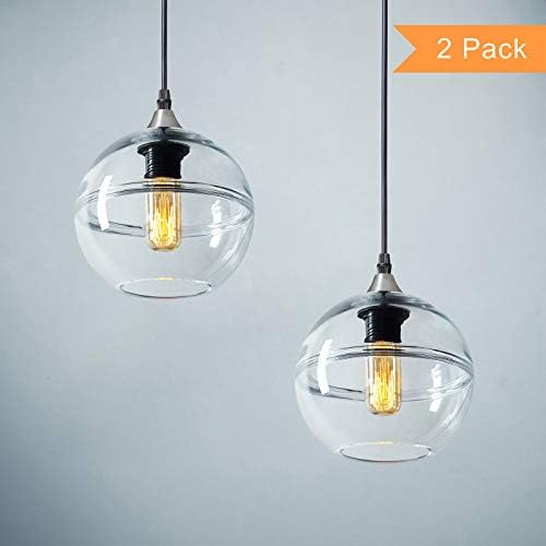 Casamotion Pendant Lighting Handblown Glass Drop Hanging Light, Unique Optic Glass Pendant Lamp, Brushed Nickel Finish, Clear, 7'', 2-Pack