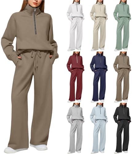 Cocila Tracksuit Womens Full Set Lounge Wear Sets 2 Piece Long Sleeve Activewear Casual Zip Up Comfort Autumn Winter UK Fashion Outfits Chocolate Brown Fall Womens Clothes Khaki S