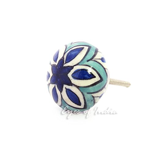 Eyes of India - Set of 2 Blue Turquoise Ceramic Dresser Cupboard Cabinet Door Knobs Pulls Decorative Shabby Chic Colorful Boho Bohemian Accent Handmade