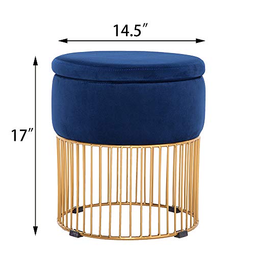 Simhoo Velvet Upholstered Round Vanity Stool/Dressing Makeup Piano Stool with Metal Base-Blue,Ottoman with Storage - Thumbnail 6