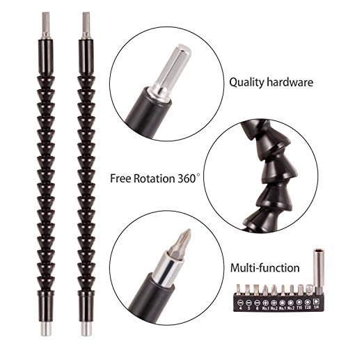 Eeoyu 3 Pcs 11.6 Inch Flexible Drill Bit Extension,Screwdriver Soft Shafts,with 10 Drill Bit Sets, 1/4" Hex Head Magnetic Connect Drive Shaft Tip, Batch Head Connecting Rod Multi-angle Work
