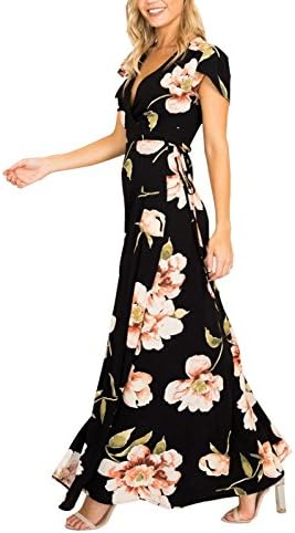 MAGICMK Women's Bohemian Deep V Neck Floral Chiffon Wrap Split Maxi Long Dress