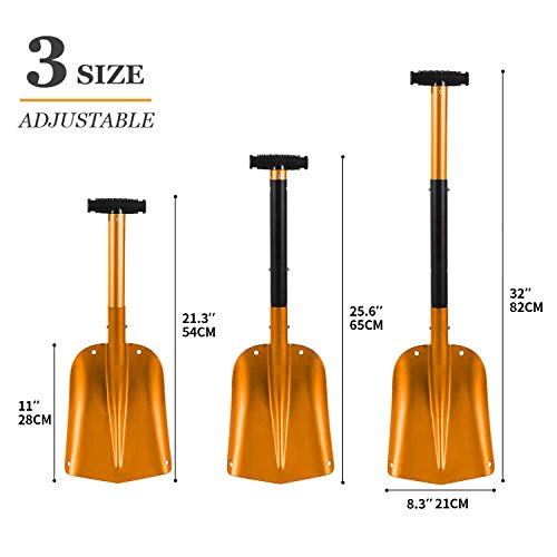 Jolitac Snow Shovel Sturdy Aluminum Lightweight Utility Winter Snow Removal Tools for Car, Camping and Outdoors Emergency, Collapsible Portable Snow Pusher (Gold) - Thumbnail 2