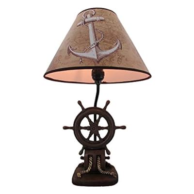 Captain's Destiny: Nautical Ship's Wheel Resin Table Lamp with Anchor Print Fabric Shade for Coastal, Beach or Pirate Themed Bedroom Decor, 19 Inches High 41SmDmvetFL