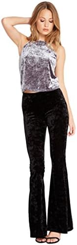 Poshsquare Women's Velvet Bell Bottom High Waist Flared Stretch Palazzo Pants Plus Size USA Crushed Black 1XL
