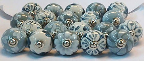 Indian Knobs Lot of 10 Grey & White Handpainted Ceramic Knobs Kitchen Cabinet Drawer Knobs