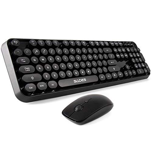 Wireless Keyboard and Mouse Sets,SADES V2020 Retro Style Black Keyboard with Round Keycaps, 2
