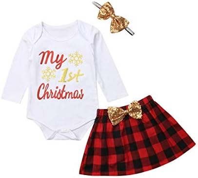 citgeett My 1st Christmas Newborn Baby Girls Snowflake Romper Bodysuit Bowknot Plaids Skirt Headband 3pcs Outfit