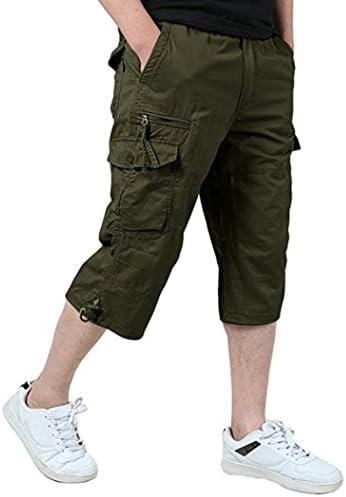 Men's Elastic Waist Relaxed Fit Long Cargo Shorts Capri Pants US 30-40