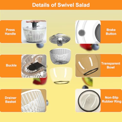6L Salad Spinner with Bowl Large Vegetable Fruit Washer Quick Spinner Dryer | Manual Lettuce Mixer, Veggies Quick Dryer, with Food Draining Basket Lid, Salad Making Bowl Colander