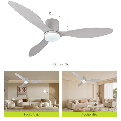 Large Ceiling Fan with Light and Control 132cm (52"), Silent DC Motor, 3 Plastic Blades, Adjustable LED, Modern Low Consumption Fan for Living Rooms, White