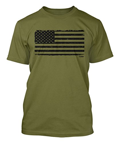 Distressed Black USA Flag Men's T-shirt (Large, OLIVE)