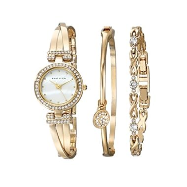 Anne Klein Women’s AK/1868GBST Swarovski Crystal-Accented Gold-Tone Bangle Watch and Bracelet Set