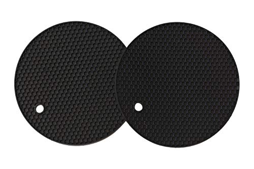 Q's INN Silicone Oven Mitts and Potholders Kitchen Round Trivet Mats | Heat Resistant 450°F | Oven Mitt Non-Slip Textured Grip Pot Holders Set of 2 Gloves and 2 trivets - Black