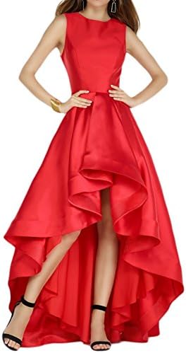 HoneyU Woman's High Low Evening Dree Girl's Satin Prom Dress HPM266 Red US24W